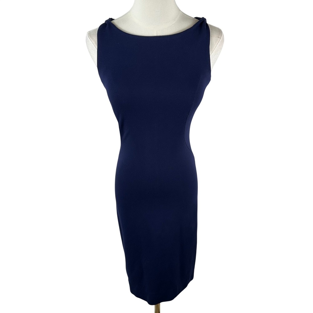 MM LaFleur Lydia Dress Women 0 Navy Blue Twist Shoulder Ponte Sheath Work Career